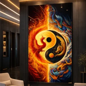 Yin & Yang Ejderha – Ateş ve Su Temalı Dekoratif Cam Tablo