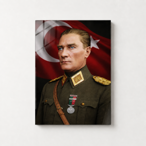Mustafa Kemal Atatürk Askeri Üniformalı Cam Tablo – Güçlü Liderlik ve Milli Ruh