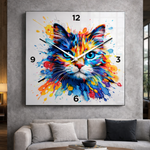 Renk Patlaması Kedi Temalı Modern Duvar Saati – Sanatla Zamanın Buluşması